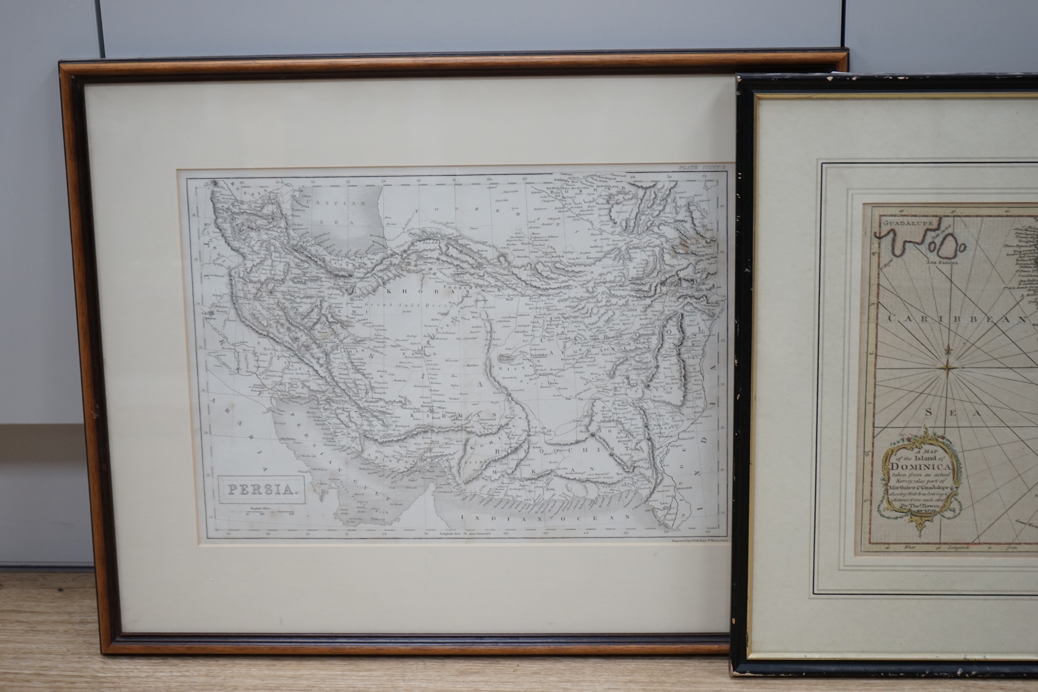 Three 18th / 19th century maps including a map of the Island of Dominica by Thomas Bowen and a map of Persia, largest 26 x 38cm